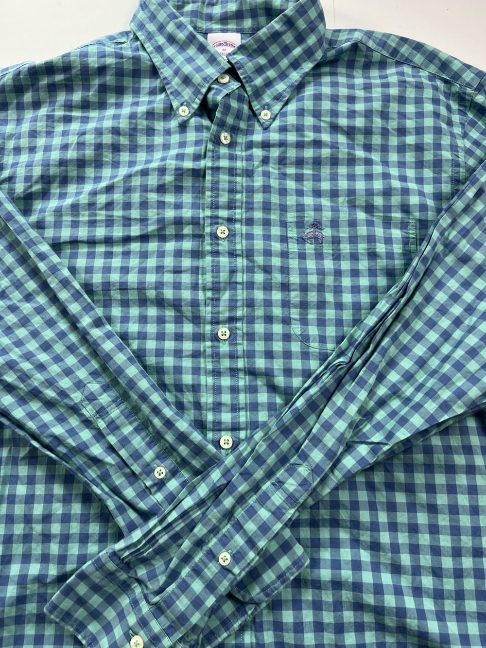 Brooks Brothers Blue and Mint Gingham Button-Down Shirt med preppy oldmoney